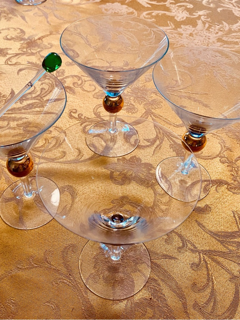 Elegant Clear Martini Glasses with Gold Accent Stem - Set of 4. Original owner